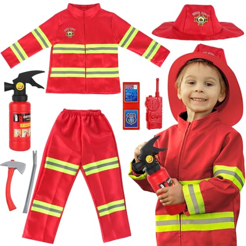 HIULLEN Feuerwehrmann Kostüm Kinder, 8 Teiliges Feuerwehr Rollenspiel Set mit Feuerlöscher Axt Feuerwehrmann Spielzeug, Feuerwehr Kostüm Set Karneval Party Cosplay für 3 4 5 6 7 Jungen Mädchen von HIULLEN