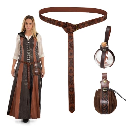 HIULLEN Halloween Nekromanten Anzug, Mittelalter Kleidung Damen Herren, 250 ml Zaubertrank Flasche Mittelalter Gürtel Gürteltasche Accessoires Set für Cosplay Wikinger Piraten Hexe Kostüm von HIULLEN