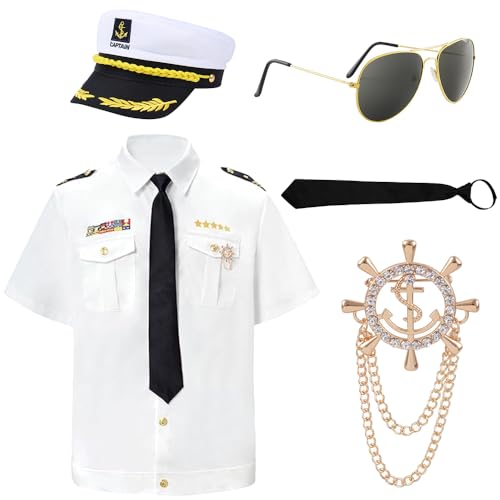 HIULLEN Kapitän Hemd, Kapitänsmütze, Kapitän Matrosen Kostüm Set, Kapitän Kostüm Kapitän Matrose Kostüm mit Marine Hut Sonnenbrille Krawatte Anker Pin für Weihnachten Kostümpartys Cosplay Kreuzfahrten von HIULLEN