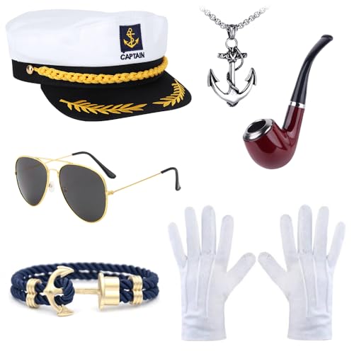 HIULLEN Kapitänsmütze Kostüm Set, Verstellbare Matrosenmütze für Erwachsene, Yacht Schiff Boot Marine Mütze mit Sonnenbrille Kapitän Prop Handschuhe für Damen Männer Cosplay Mottoparty von HIULLEN