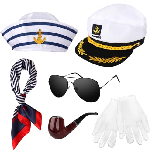 HIULLEN Kapitänsmütze Matrosenmütze, 6 PCS Kapitän Matrosen Kostüm Set, Schal, Sonnenbrille, Handschuhe, Verstellbare Yacht Kapitän Hut Herren Damen für Weihnachten Kostümpartys, Cosplay, Kreuzfahrten von HIULLEN