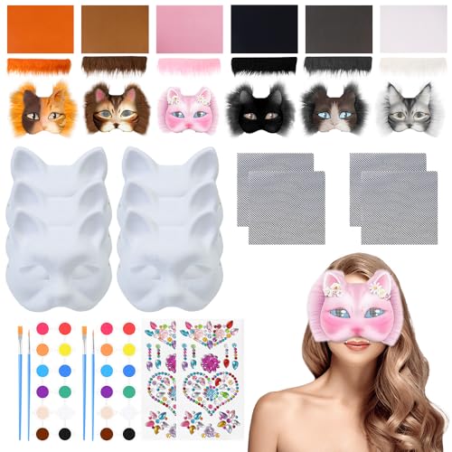 HIULLEN Katzenmasken zum Bemalen, 6 Teiliges Set Therian Mask, Tier Katze Maske DIY Set mit Augen Mesh Pelz Bart, Katzenmasken zu Malen Filz, Weiße Halbmasken für Maskerade,Cosplay,Karneval Party von HIULLEN