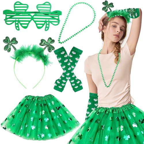 HIULLEN St Patrick Day Kostüm Zubehör Set, Grün Irish Klee Gedruckt Mesh Rock Halskette Brille Stirnband Arm Wärmer Dress up, Kobold Kostüme zum St. Patricks Day für Girl Dame Mottoparty Dekoration von HIULLEN