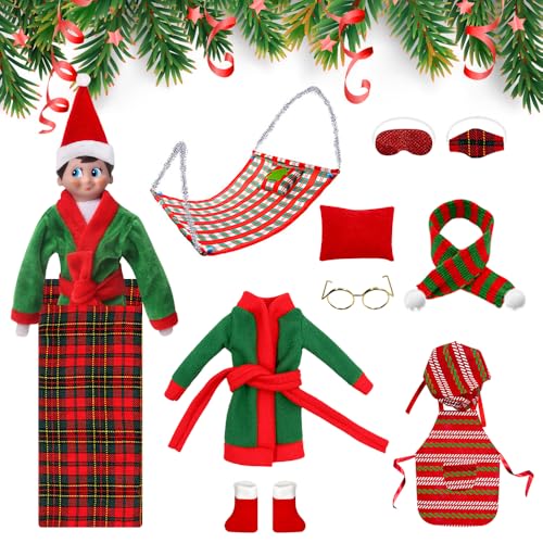 HIULLEN Weihnachten Elf Puppe Kostüm Zubehör, Puppenzubehör Weihnachtselfen Zubehör Dekorationen, Mini Weihnachts Elf Kit mit Hängematte Bademantel Schal Schürze Brille Augenmaske Kopfkissen Schuhe von HIULLEN