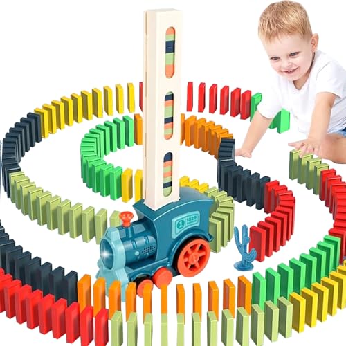 HIUOUIH Domino Zug Set 60 Stück Dominosteine Spiel Automatischer Domino-Zug mit Ton Baustein Spielzeug für Jungen und Mädchen, Blau von HIUOUIH