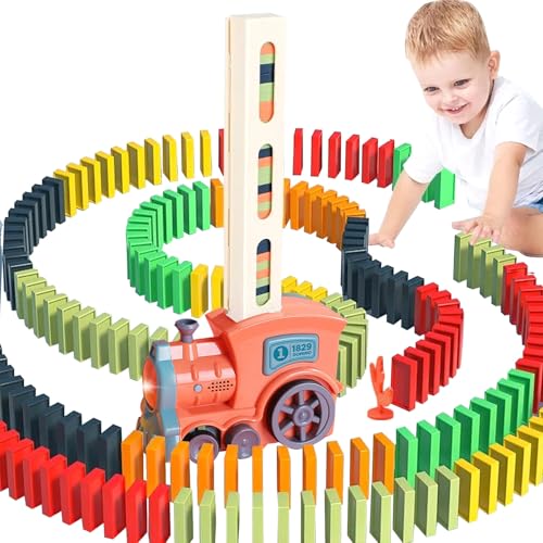 HIUOUIH Domino Zug Set 60 Stück Dominosteine Spiel Automatischer Domino-Zug mit Ton Baustein Spielzeug für Jungen und Mädchen, Rosa von HIUOUIH