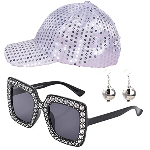 HIXNUG 70er Jahre Disco Kostüm Set Pailletten Disco Hut Damen Ohrringe Sonnenbrille Disco Zubehör für Frauen Mädchen Halloween Festival Party von HIXNUG