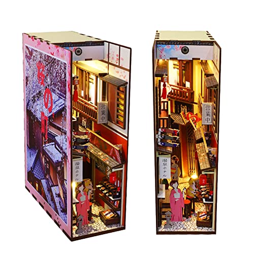 DIY Book Nook Kit, 3D Wooden Dollhouse Bookends Book Stand Puzzle Model Build-Creativity Kit with LED Light for Teens and Adults (Japanese Sakura Alley) von HJBHDOLL