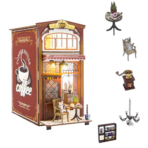 DIY Miniatur Puppenhaus Bausatz Kaffeehaus Bücherecke Set, Katze Cafe Puppenhaus Puzzle Modell Bücherregal Dekoration Kreatives Handwerk Junge und Mädchen Geburtstagsgeschenk von HJBHDOLL