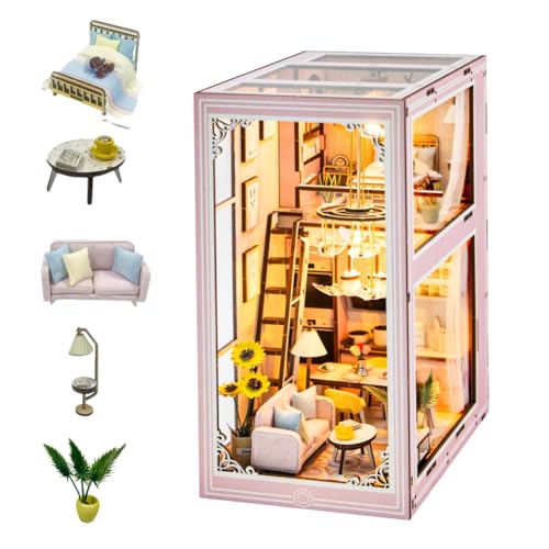 DIY Miniatur Puppenhaus Bausatz Rosa Loft Bücherecke Set, Puppenhaus Puzzle Modell Bücherregal Dekoration Kreatives Handwerk Junge und Mädchen Geburtstagsgeschenk von HJBHDOLL