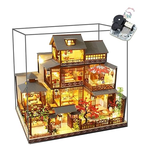 Miniatur-Puppenhaus-Holzmöbel-Set, handgefertigt, großes japanisches Hofmodell, Maßstab 1:24, kreatives Puppenhaus-Spielzeug für Erwachsene, Teenager, Geschenk (plus mit Staubschutz und Spieluhr) von HJBHDOLL