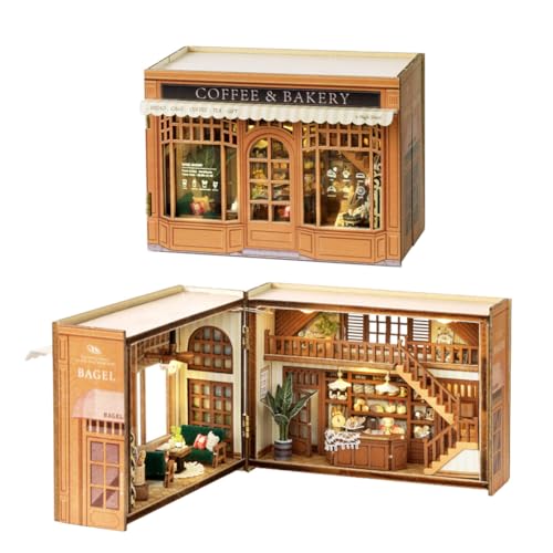 DIY Puppenhaus Miniatur-Möbel-Bausatz, 1:32 Skala kreative Zimmer geöffnet & geschlossen Design Mini Holzpuppenhaus Puzzle Spielzeug für Kinder Jugendliche Erwachsene (Kaffee Bäckerei Geschäft) von HJBHDOLL