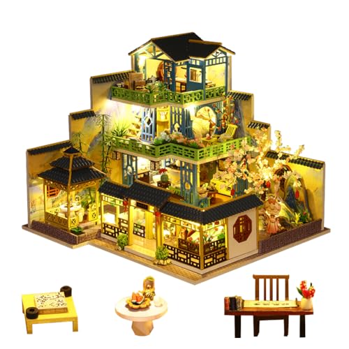 Miniatur-Villa im chinesischen Stil, dreistöckige Villa Puppenhaus, Holzmöbel, DIY-Puppenhaus-Set mit LED-Kreativraum, Geschenk für Erwachsene, Teenager, Kinder von HJBHDOLL