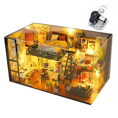 Miniatur-Puppenhaus im Industrie-Stil, mit Staubschutz und Musik, Holzmöbel, DIY-Puppenhaus-Kit mit LED-Kreativzimmer, Erwachsene, Jugendliche, Kinder-Geschenk von HJBHDOLL