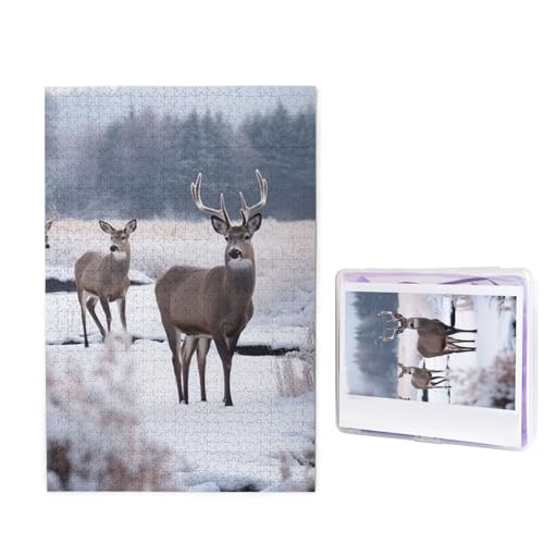 Puzzle Puzzle 1000 Teile Holzpuzzle für Erwachsene Benutzerdefinierte Puzzles Personalisierte Bilderpuzzles Hirsch auf Frozen Wildnis Hochzeit Puzzle für Geburtstag Familie von HJBNW