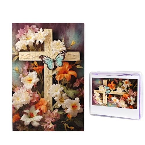 Puzzle Puzzle 1000 Teile Holzpuzzle für Erwachsene Benutzerdefinierte Puzzles Personalisierte Bildpuzzles Blumenzweige am Kreuz Hochzeitspuzzle für Geburtstag Familie von HJBNW