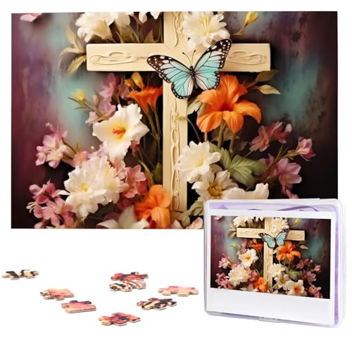 Puzzle Puzzle 1000 Teile Holzpuzzle für Erwachsene Benutzerdefinierte Puzzles Personalisierte Bildpuzzles Blumenzweige am Kreuz Hochzeitspuzzle für Geburtstag Familie von HJBNW