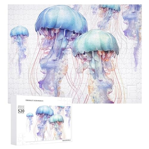 Aquarell-3D-Quallen-Holzpuzzle für Erwachsene, 520 Teile, schwierige, herausfordernde Puzzles, einzigartiges Denksport-Puzzle, einzigartige Form, fortschrittliche Puzzle, tolle Geschenkidee von HJKBCV