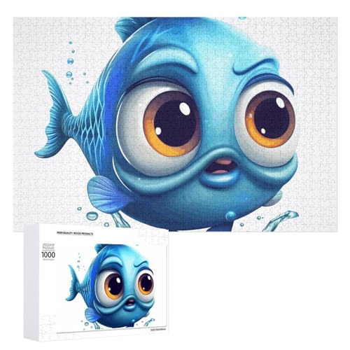 Blaue Cartoon-Fisch-Puzzles für Erwachsene, personalisiertes Puzzle, herausforderndes Bild, Holzfotos, Puzzle mit Aufbewahrungstasche, Familientreffen, Puzzle für Hochzeitsgeschenk von HJKBCV