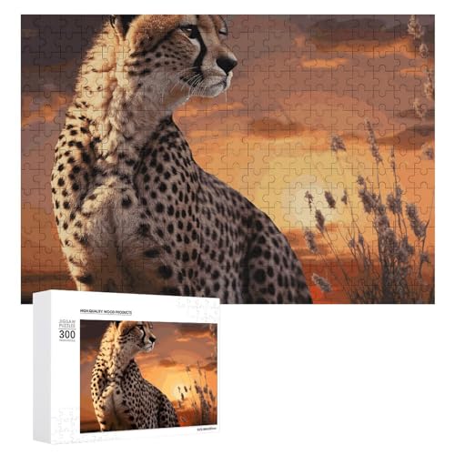 Gepard schaut über die Savanne mit Sonnenuntergang Puzzles für Erwachsene, personalisierte Puzzles, herausforderndes Bilderpuzzle, Holzfoto-Puzzle mit Aufbewahrungstasche, Familientreffen, Puzzle für von HJKBCV