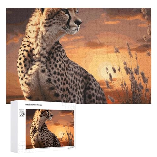 Gepard schaut über die Savanne mit Sonnenuntergang Puzzles für Erwachsene, personalisierte Puzzles, herausforderndes Bilderpuzzle, Holzfoto-Puzzle mit Aufbewahrungstasche, Familientreffen, Puzzle für von HJKBCV