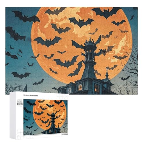 Halloween-Puzzles mit fliegenden Fledermäusen für Erwachsene, personalisiertes Puzzle, herausforderndes Bild, Holzfotos, Puzzle mit Aufbewahrungstasche, Familientreffen, Puzzle für Hochzeitsgeschenk von HJKBCV