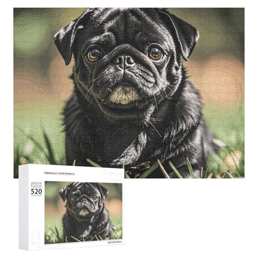 Niedliche schwarze Mops-Hunde-Puzzles für Erwachsene, personalisiertes Puzzle, herausforderndes Bild, Holzfoto-Puzzle mit Aufbewahrungstasche, Familientreffen, Puzzle für Hochzeitsgeschenk von HJKBCV