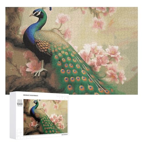 Orientalisches Pfau auf Blumenbaum-Puzzles für Erwachsene, personalisiertes Puzzle, herausforderndes Bild, Holzfotos, Puzzle mit Aufbewahrungstasche, Familientreffen, Puzzle für Hochzeitsgeschenk von HJKBCV