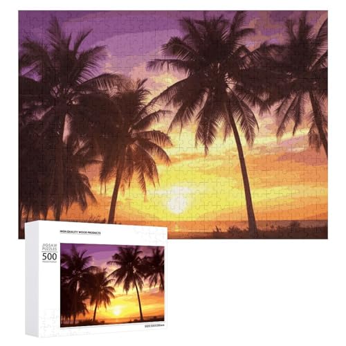 Palmen bei Sonnenuntergang Puzzles für Erwachsene, personalisiertes Puzzle, herausforderndes Bild, Holzfotos, Puzzle mit Aufbewahrungstasche, Familientreffen, Puzzle für Hochzeitsgeschenk von HJKBCV