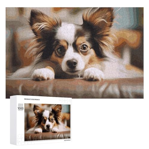 Papillon Liegend auf dem Bauch Puzzles für Erwachsene, personalisierte Puzzles, herausforderndes Bild, Holzfotos, Puzzle mit Aufbewahrungstasche, Familientreffen, Puzzle für Hochzeitsgeschenk von HJKBCV