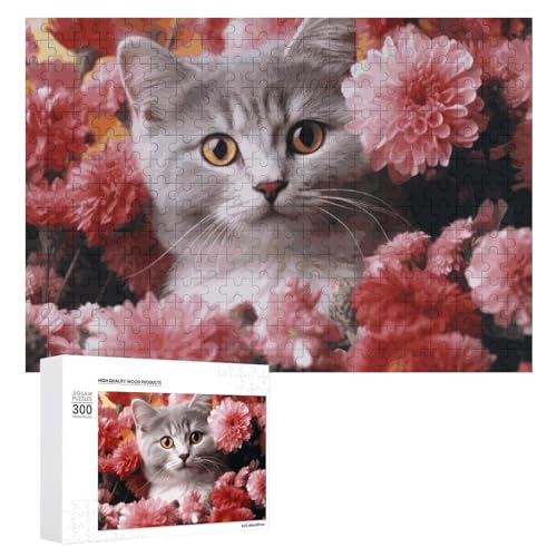 Puzzle Katze in Blumen für Erwachsene, personalisiertes Puzzle, herausforderndes Bild, Holzfotos, Puzzle mit Aufbewahrungstasche, Familientreffen, Puzzle für Hochzeitsgeschenk von HJKBCV