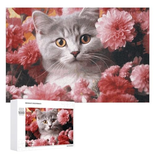 Puzzle Katze in Blumen für Erwachsene, personalisiertes Puzzle, herausforderndes Bild, Holzfotos, Puzzle mit Aufbewahrungstasche, Familientreffen, Puzzle für Hochzeitsgeschenk von HJKBCV