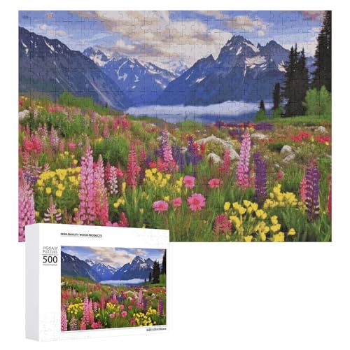 Schöne Blumen Berg Puzzles für Erwachsene, personalisiertes Puzzle, herausforderndes Bild, Holzfotos, Puzzle mit Aufbewahrungstasche, Familientreffen, Puzzle für Hochzeitsgeschenk von HJKBCV