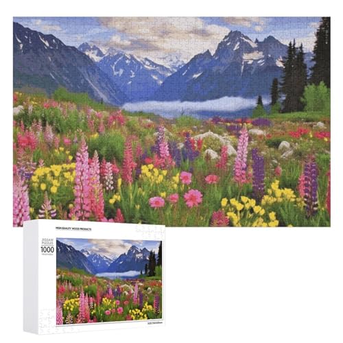 Schöne Blumen Berg Puzzles für Erwachsene, personalisiertes Puzzle, herausforderndes Bild, Holzfotos, Puzzle mit Aufbewahrungstasche, Familientreffen, Puzzle für Hochzeitsgeschenk von HJKBCV