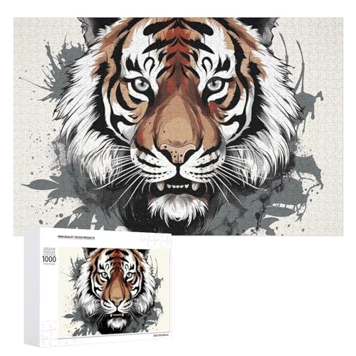 Schwarz-Weiß-Doodle Tiger Puzzles für Erwachsene, personalisiertes Puzzle, herausforderndes Bild, Holzfotos, Puzzle mit Aufbewahrungstasche, Familientreffen, Puzzle für Hochzeitsgeschenk von HJKBCV