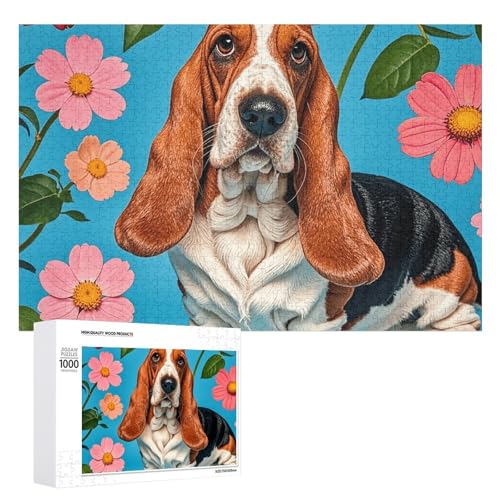 Sweet Basset Hound Florals Puzzles für Erwachsene, personalisiertes Puzzle, herausforderndes Bild, Holzfotos, Puzzle mit Aufbewahrungstasche, Familientreffen, Puzzle für Hochzeitsgeschenk von HJKBCV