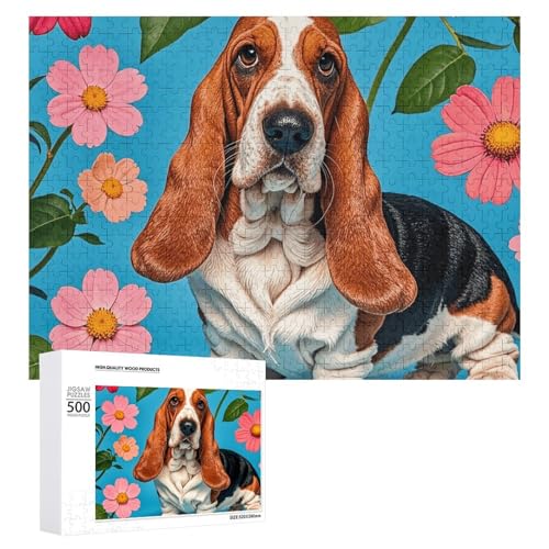 Sweet Basset Hound Florals Puzzles für Erwachsene, personalisiertes Puzzle, herausforderndes Bild, Holzfotos, Puzzle mit Aufbewahrungstasche, Familientreffen, Puzzle für Hochzeitsgeschenk von HJKBCV