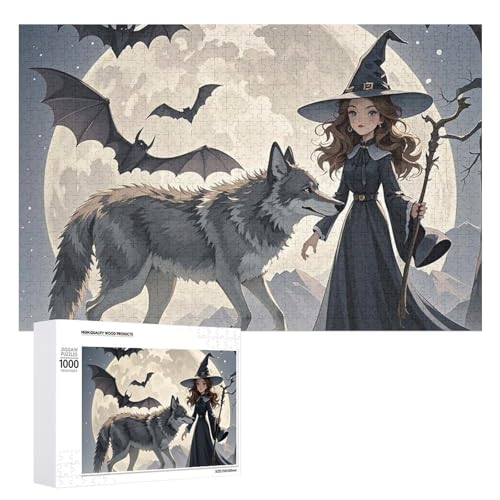 Wolf unter dem Mond Puzzles für Erwachsene, personalisiertes Puzzle, herausforderndes Bild, Holzfotos, Puzzle mit Aufbewahrungstasche, Familientreffen, Puzzle für Hochzeitsgeschenk von HJKBCV