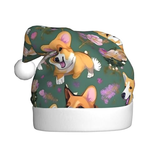 HJLUUFT Corgi Weihnachtsmütze mit Blumendruck, für Erwachsene, Herren, Damen, Weihnachtsmütze, Partyzubehör von HJLUUFT