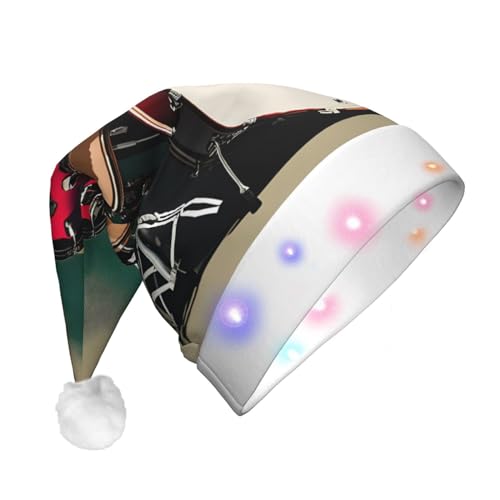 HJLUUFT Klassische Weihnachtsmütze mit Jazz-Trommel-Druck, mit buntem LED-Lichtstreifen, Unisex, Samt, Weihnachtsmannmütze für Weihnachtsfeiern von HJLUUFT