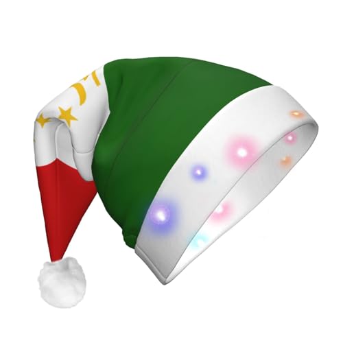 HJLUUFT Klassische Weihnachtsmütze mit tadschikischer Flagge und buntem LED-Lichtstreifen, Unisex, Samt-Weihnachtsmannmütze für Weihnachtsfeiern von HJLUUFT