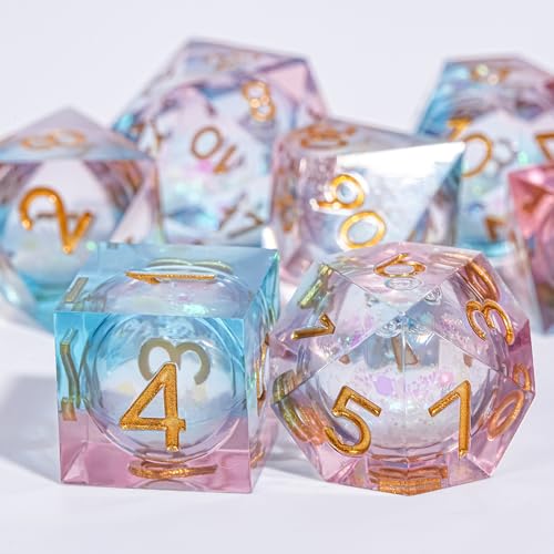 HKDZ Flüssiger Kern DND-Würfelpulver, blau, 7 Stück, mit Geschenkbox, handgefertigtes Kunstharz, polyedrische D&D-Würfel für Dungeons und Drachen, Rollenspiel-Würfel-Set D20, D12, D10, D8, D6, D4 von HKDZ