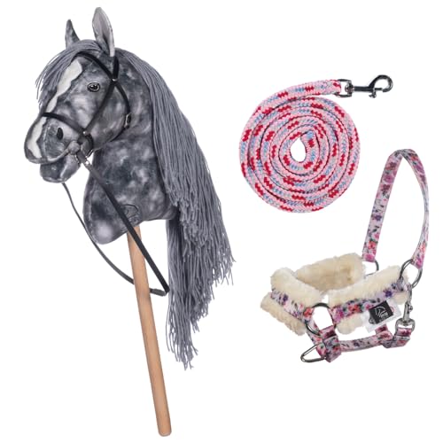 HKM Kids Hobby Horse, Apfelschimmel, Grau, mit Halfter und Führstrick in Rosa mit Blümchenmuster, Steckenpferd für Kinder, Pferde Spielzeug von HKM