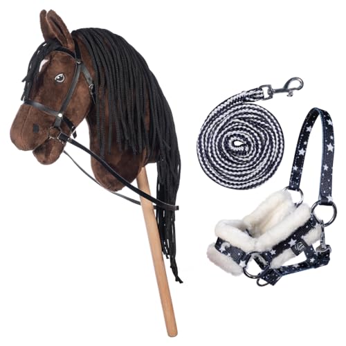 HKM Kids Hobby Horse, Braun, mit Halfter und Führstrick in Blau mit Sternenmuster, Steckenpferd für Kinder, Pferde Spielzeug von HKM