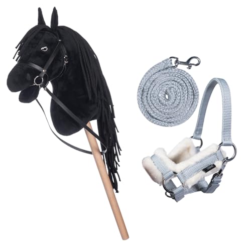 HKM Kids Hobby Horse, Rappe, Schwarz, mit Halfter und Führstrick in Grau, Steckenpferd für Kinder, Pferde Spielzeug von HKM