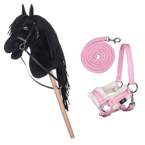 HKM Kids Hobby Horse, Rappe, Schwarz, mit Halfter und Führstrick in Rosa, Steckenpferd für Kinder, Pferde Spielzeug von HKM