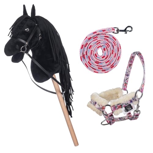 HKM Kids Hobby Horse, Rappe, Schwarz, mit Halfter und Führstrick in Rosa mit Blümchenmuster, Steckenpferd für Kinder, Pferde Spielzeug von HKM