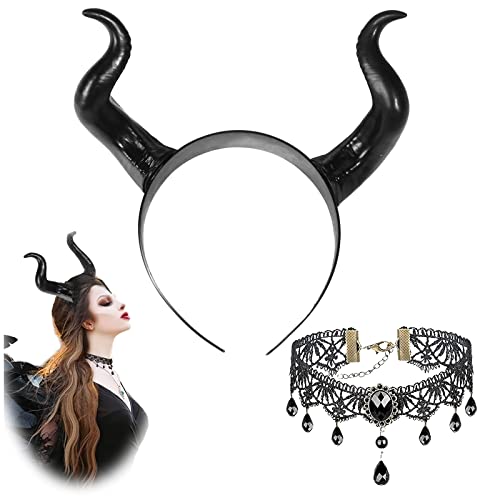 Halloween Königin Hörner - Hörner und Verstellbares Spitze Halskette - Hörner Kopfschmuck- Gothic, Maleficent Teufelshörner - Kann mit Halloween Kostüm Damen Verwendet Werden Hexenkostüm Damen von HKQP