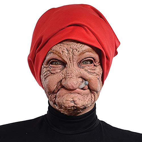 HKYFNNBW Alter Mann Maske, Halloween, dekorative Maske, Naturlatex, rauchende Oma-Form, Kopfbedeckung für Kostümparty, Cosplay, Rot, 20 x 28 cm von HKYFNNBW