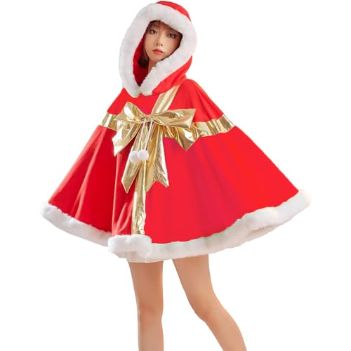 HKYFNNBW Damen-Weihnachtsumhang, Cosplay-Kostüm, Plüsch, Patchwork, Kapuze, Geschenkbox, Poncho, Weihnachtsmannumhang, Weihnachtsbaumkostüm (Rot, L) von HKYFNNBW